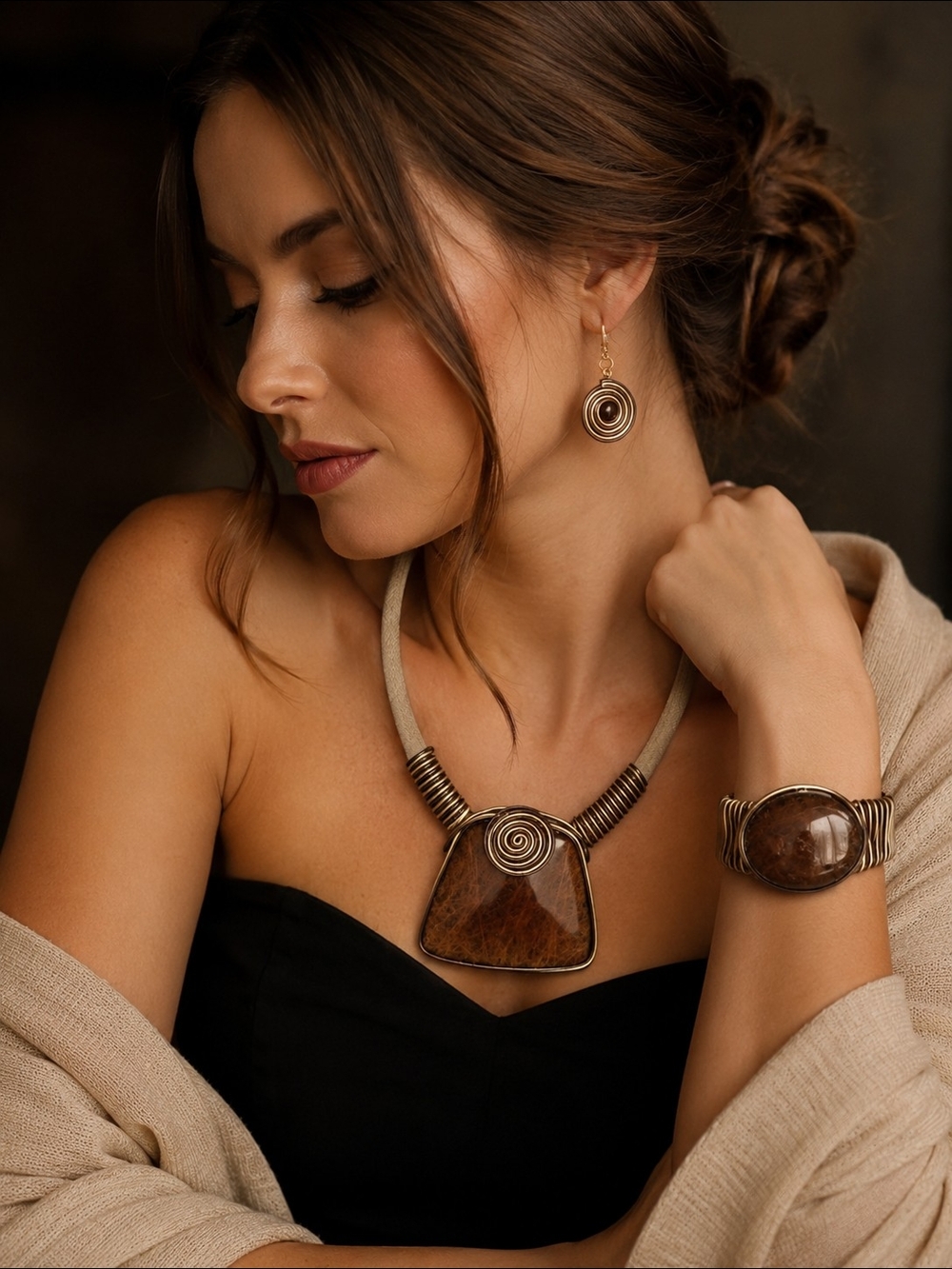 Elegant Brown Stone Spiral Pendant Necklace - Women